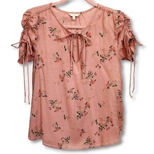 LUCKY BRAND Cinch Puff Sleeve Blouse Tie Neck Top Dusty Pink Floral Print Small